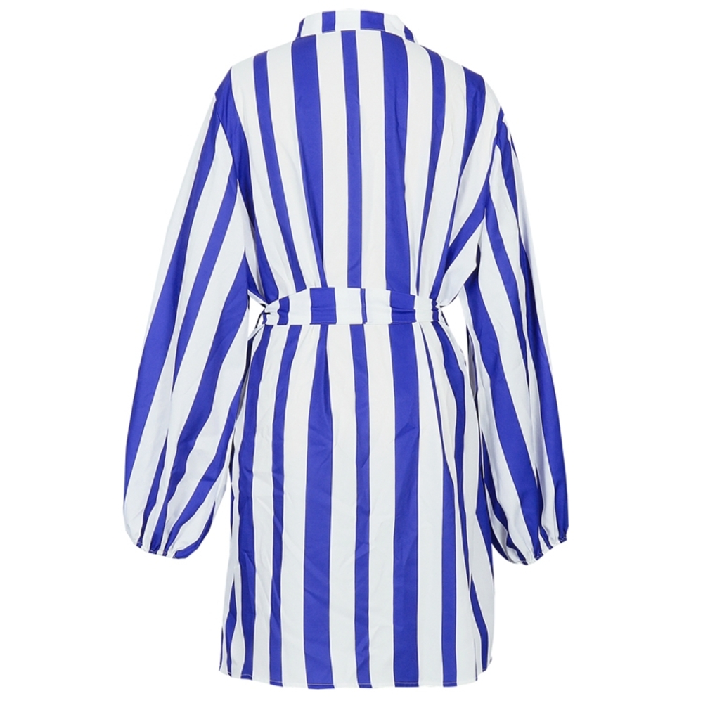 Blue and White Wrap Dress with Bishop Sleeves - Picture 5 of 6